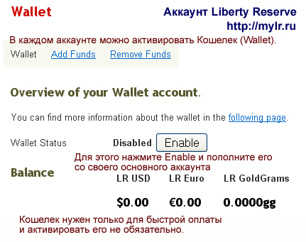 Кошелек (Wallet) аккаунта Liberty Reserve